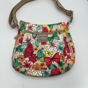 Tyler Rodan Multicolor Floral & Butterfly Crossbody with Tan Strap